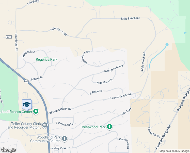 map of restaurants, bars, coffee shops, grocery stores, and more near 2605 Sunnywood Avenue in Woodland Park