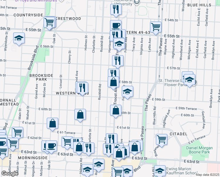 map of restaurants, bars, coffee shops, grocery stores, and more near 5821 Harrison Street in Kansas City