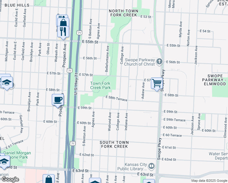 map of restaurants, bars, coffee shops, grocery stores, and more near 5753 Walrond Avenue in Kansas City