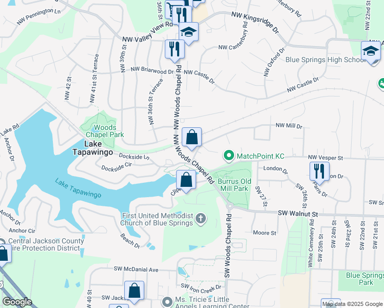 map of restaurants, bars, coffee shops, grocery stores, and more near 3407 Northwest Mill Drive in Blue Springs
