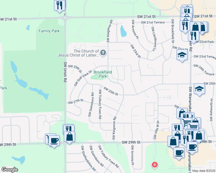 map of restaurants, bars, coffee shops, grocery stores, and more near 6550 Southwest 25th Street in Topeka