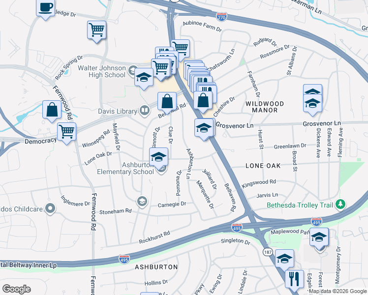 map of restaurants, bars, coffee shops, grocery stores, and more near 10108 Ashburton Lane in Bethesda