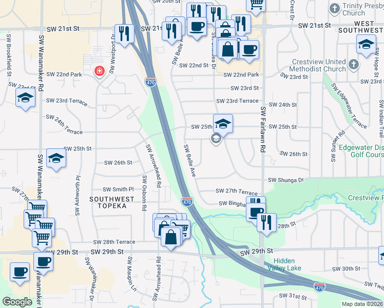 map of restaurants, bars, coffee shops, grocery stores, and more near 2548 Southwest Belle Avenue in Topeka