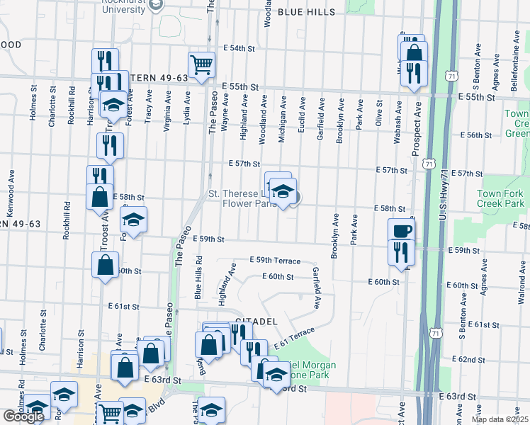 map of restaurants, bars, coffee shops, grocery stores, and more near 5811 Woodland Avenue in Kansas City