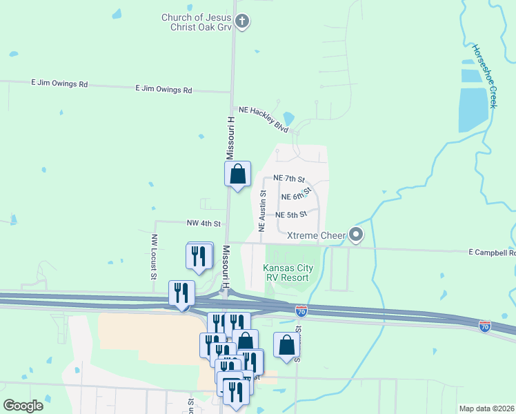 map of restaurants, bars, coffee shops, grocery stores, and more near 502 Northeast Austin Street in Oak Grove