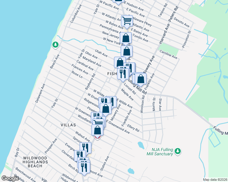 map of restaurants, bars, coffee shops, grocery stores, and more near 1647 Bayshore Road in Villas