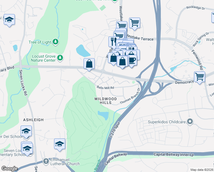 map of restaurants, bars, coffee shops, grocery stores, and more near 10100 Langhorne Court in Bethesda