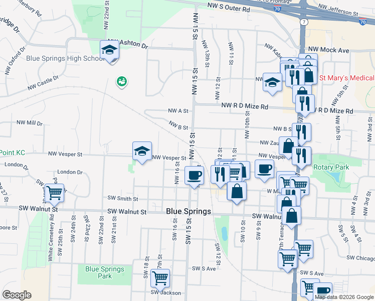 map of restaurants, bars, coffee shops, grocery stores, and more near 1405 Northwest Knox Street in Blue Springs