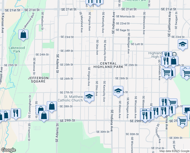 map of restaurants, bars, coffee shops, grocery stores, and more near 2535 Southeast Ohio Avenue in Topeka