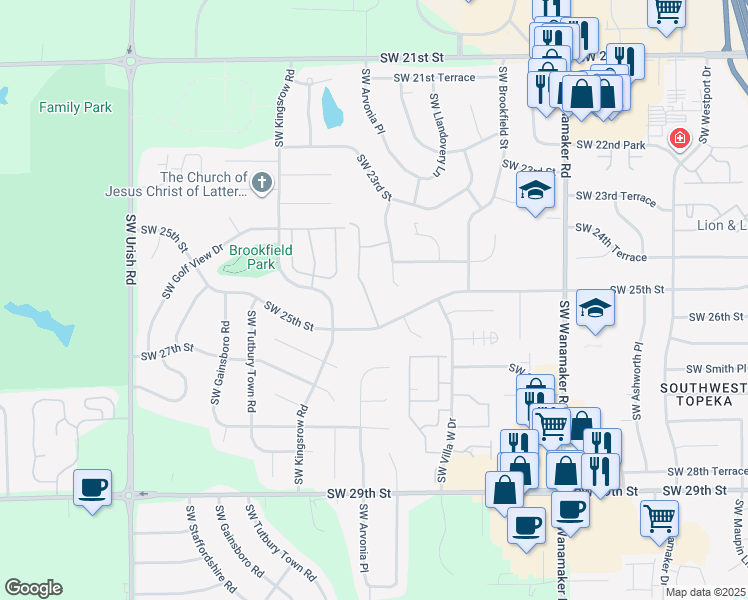map of restaurants, bars, coffee shops, grocery stores, and more near 2470 Southwest Brookhaven Lane in Topeka