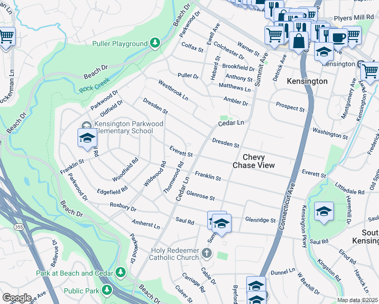 map of restaurants, bars, coffee shops, grocery stores, and more near 4305 Everett Street in Kensington
