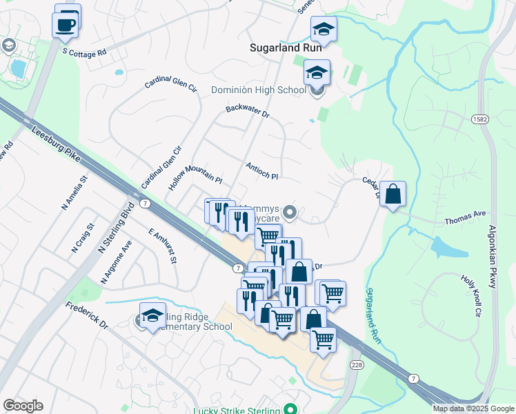 map of restaurants, bars, coffee shops, grocery stores, and more near 21490 Cedar Drive in Sterling