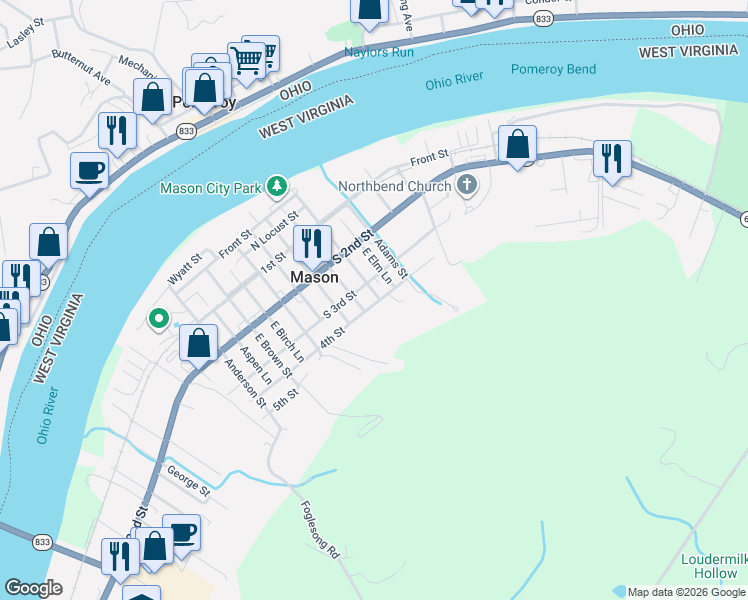 map of restaurants, bars, coffee shops, grocery stores, and more near 804 4th St in Mason
