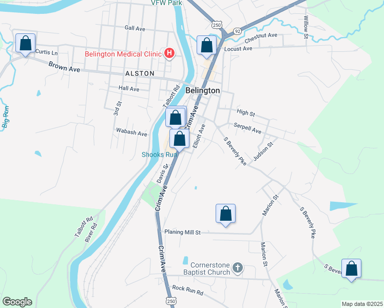 map of restaurants, bars, coffee shops, grocery stores, and more near 221 Elliott Ave in Belington