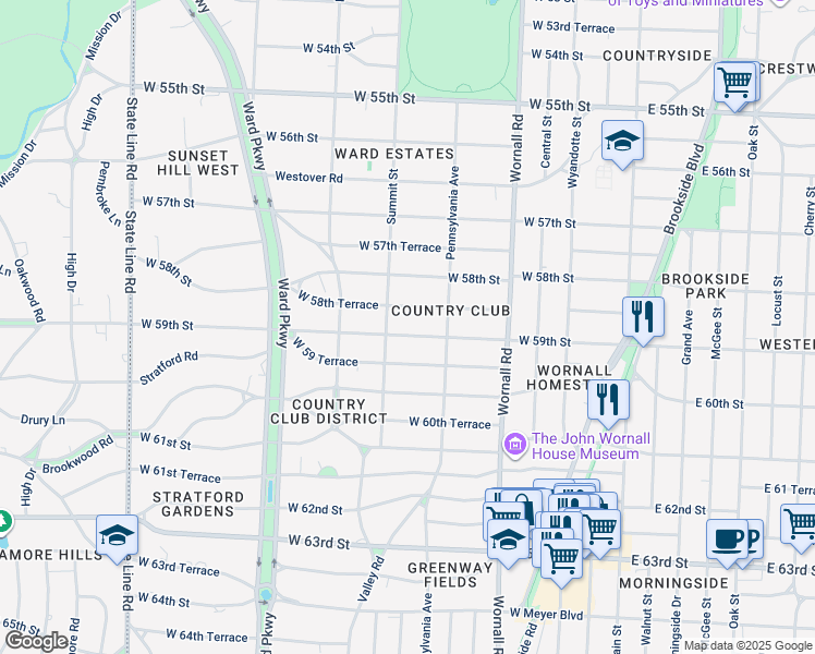 map of restaurants, bars, coffee shops, grocery stores, and more near 614 West 59th Street in Kansas City