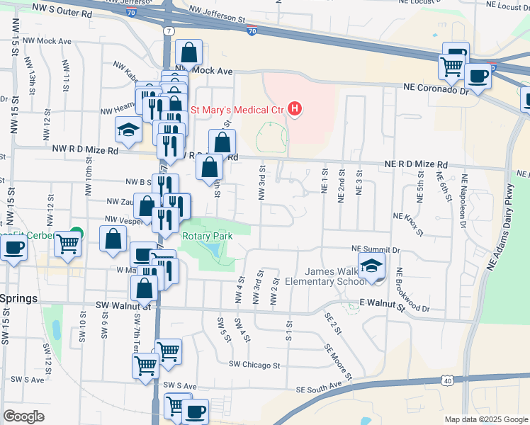 map of restaurants, bars, coffee shops, grocery stores, and more near 402 Northwest 3rd Street in Blue Springs