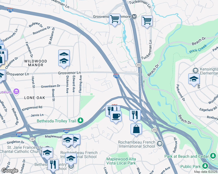 map of restaurants, bars, coffee shops, grocery stores, and more near 10005 Laureate Way in Bethesda
