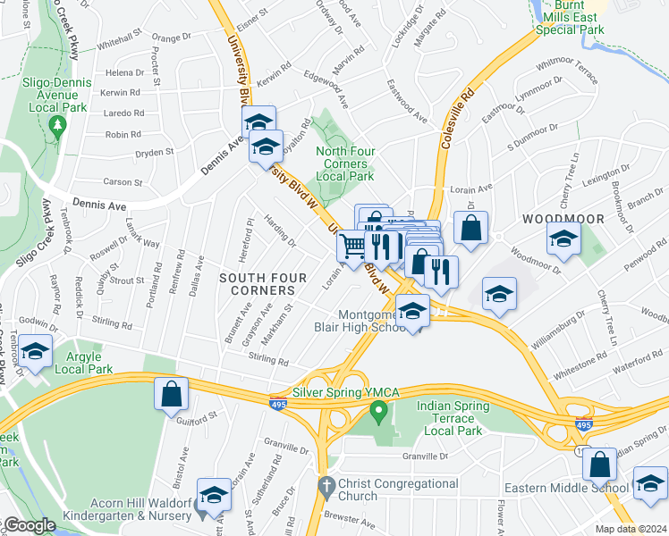 map of restaurants, bars, coffee shops, grocery stores, and more near 10018 Lorain Avenue in Silver Spring