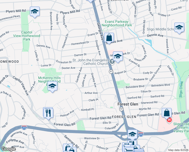 map of restaurants, bars, coffee shops, grocery stores, and more near 10113 Greeley Avenue in Silver Spring