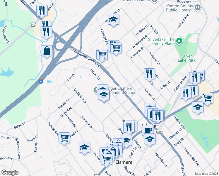 map of restaurants, bars, coffee shops, grocery stores, and more near 510 Graves Avenue in Erlanger