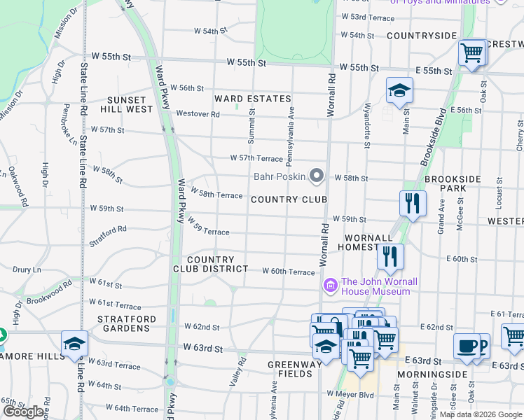 map of restaurants, bars, coffee shops, grocery stores, and more near 614 West 59th Street in Kansas City
