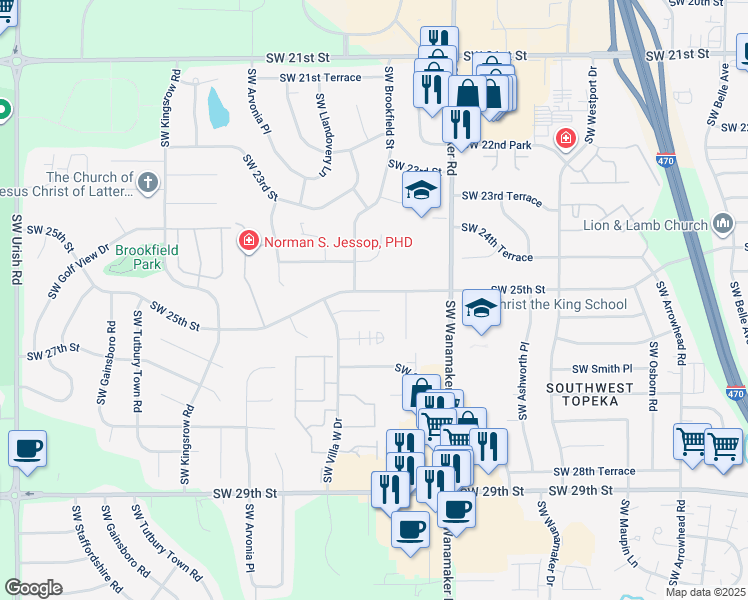 map of restaurants, bars, coffee shops, grocery stores, and more near 6114 Southwest 26th Street in Topeka