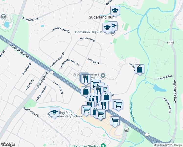 map of restaurants, bars, coffee shops, grocery stores, and more near 21490 Cedar Drive in Sterling