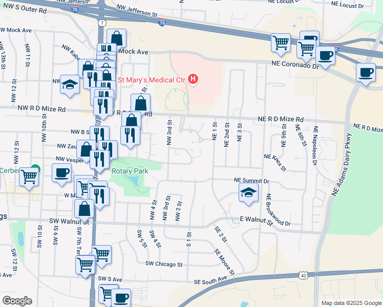 map of restaurants, bars, coffee shops, grocery stores, and more near 163 Northwest Zaun Avenue in Blue Springs
