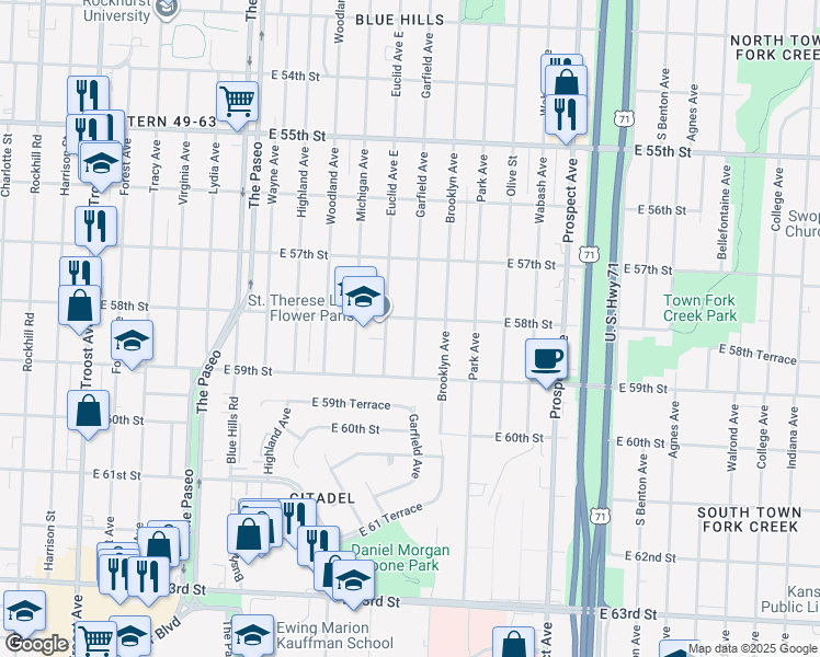 map of restaurants, bars, coffee shops, grocery stores, and more near 5804 Garfield Avenue in Kansas City