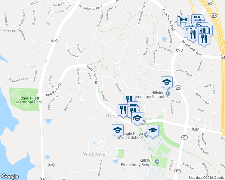 map of restaurants, bars, coffee shops, grocery stores, and more near 21512 Hearthstone Court in Broadlands