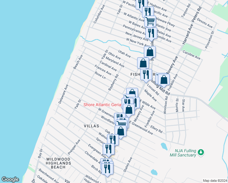 map of restaurants, bars, coffee shops, grocery stores, and more near 30 West Wilde Avenue in Villas
