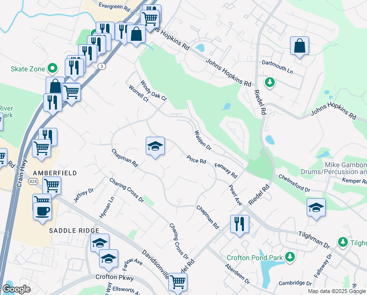 map of restaurants, bars, coffee shops, grocery stores, and more near 2757 Price Road in Crofton