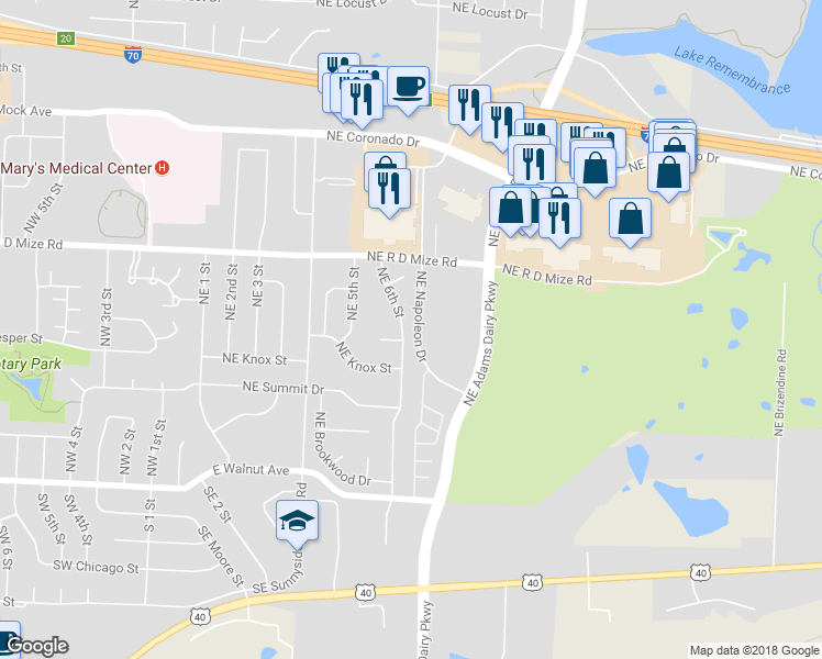 map of restaurants, bars, coffee shops, grocery stores, and more near 514 Northeast 6th Street in Blue Springs