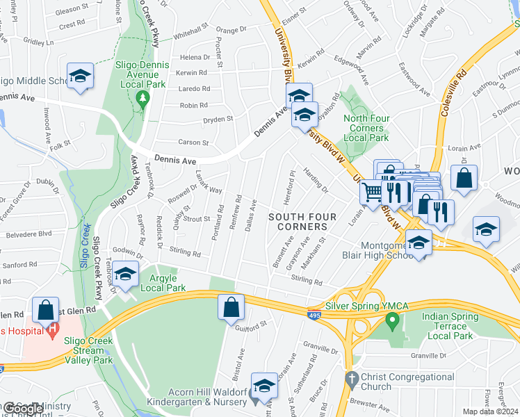 map of restaurants, bars, coffee shops, grocery stores, and more near 804 Lanark Way in Silver Spring