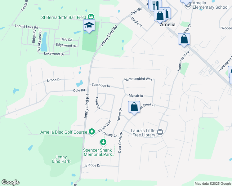 map of restaurants, bars, coffee shops, grocery stores, and more near 18 Robin Way in Amelia