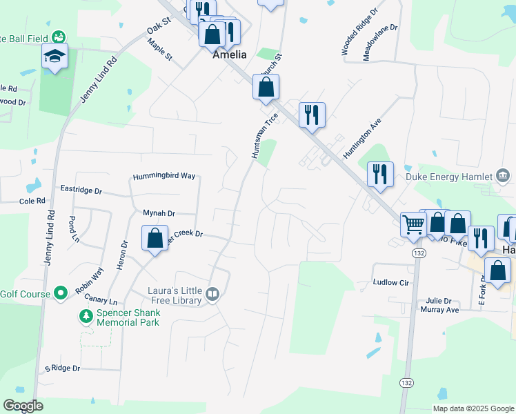 map of restaurants, bars, coffee shops, grocery stores, and more near 1 Cedarwood Drive in Amelia