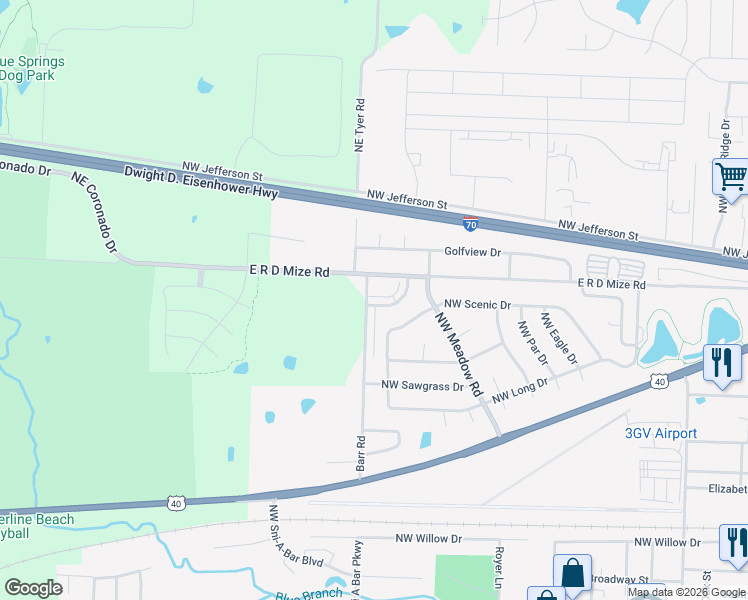 map of restaurants, bars, coffee shops, grocery stores, and more near 1312 Valley Woods Court in Grain Valley