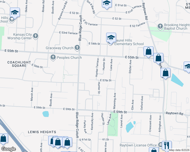 map of restaurants, bars, coffee shops, grocery stores, and more near 5604 Hunter Terrace in Raytown