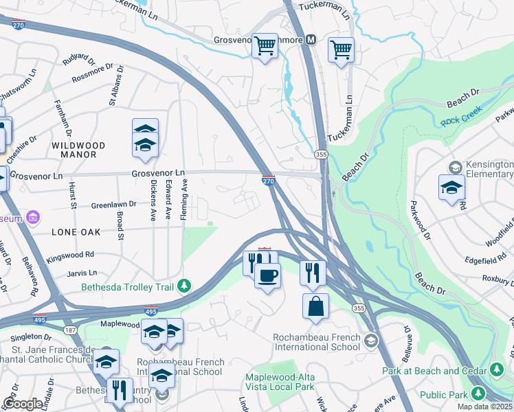 map of restaurants, bars, coffee shops, grocery stores, and more near 5333 Merriam Street in Bethesda