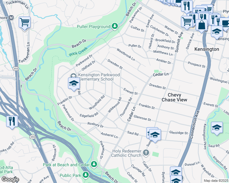 map of restaurants, bars, coffee shops, grocery stores, and more near 4408 Edgefield Road in Kensington