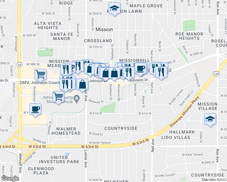 map of restaurants, bars, coffee shops, grocery stores, and more near 5937 Dearborn Street in Mission