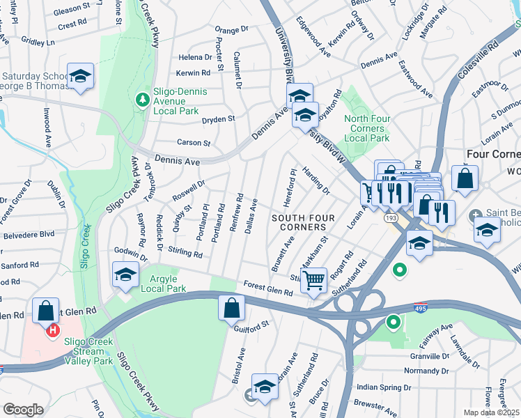 map of restaurants, bars, coffee shops, grocery stores, and more near 804 Lanark Way in Silver Spring