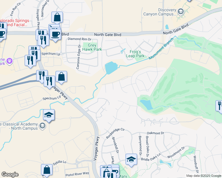 map of restaurants, bars, coffee shops, grocery stores, and more near 13072 Rock Rabbit Court in Colorado Springs