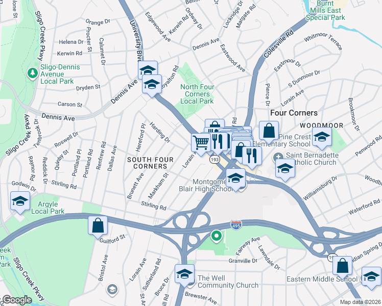 map of restaurants, bars, coffee shops, grocery stores, and more near 10018 Lorain Avenue in Silver Spring