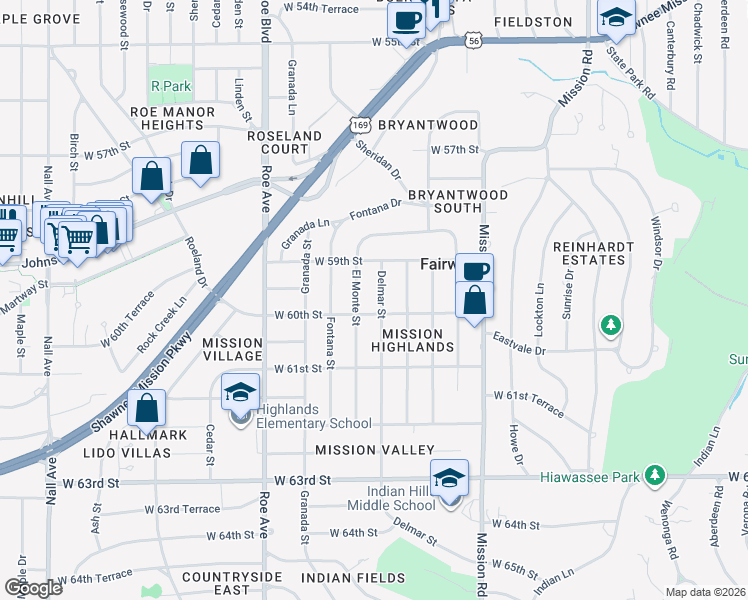 map of restaurants, bars, coffee shops, grocery stores, and more near 5932 Delmar Street in Fairway
