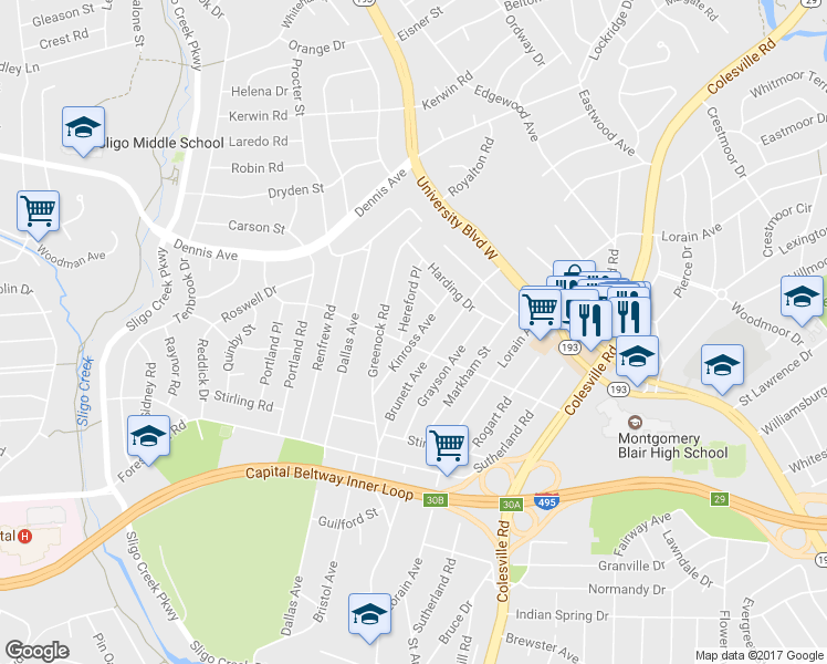 map of restaurants, bars, coffee shops, grocery stores, and more near 10102 Kinross Avenue in Silver Spring