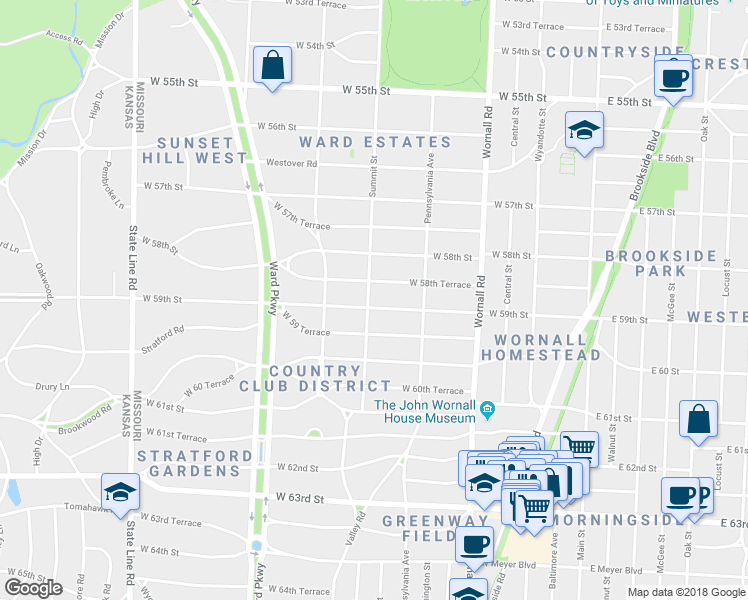 map of restaurants, bars, coffee shops, grocery stores, and more near 644 West 59th Street in Kansas City