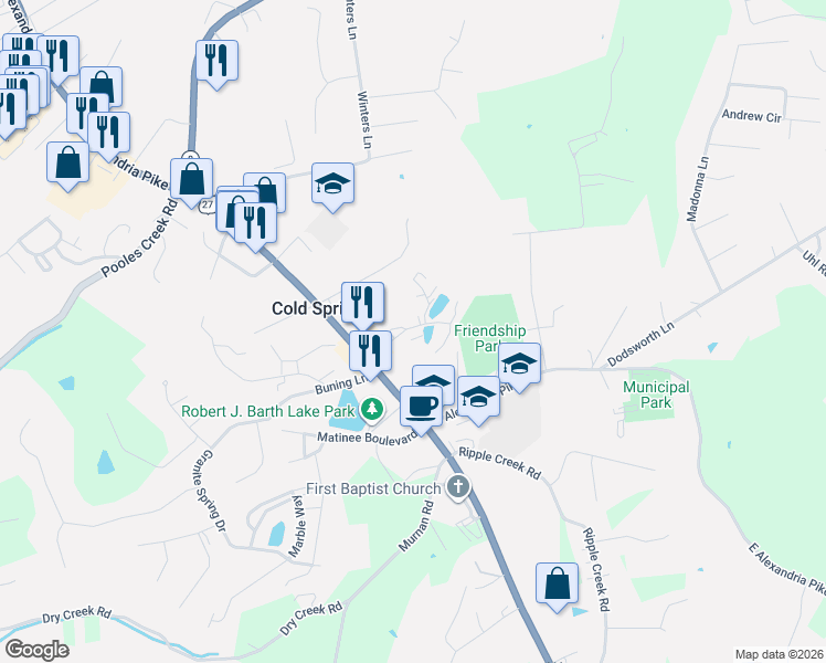 map of restaurants, bars, coffee shops, grocery stores, and more near 403 Downing Street in Cold Spring