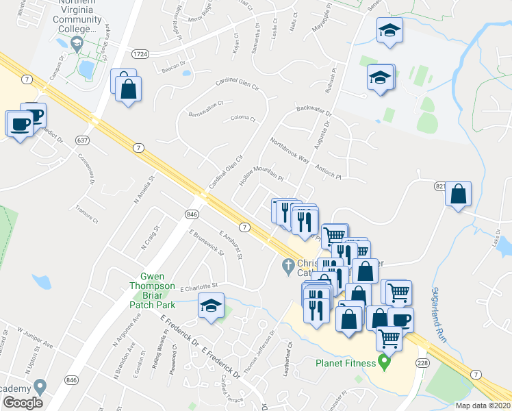 map of restaurants, bars, coffee shops, grocery stores, and more near 21491 Rusty Blackhaw Square in Sterling