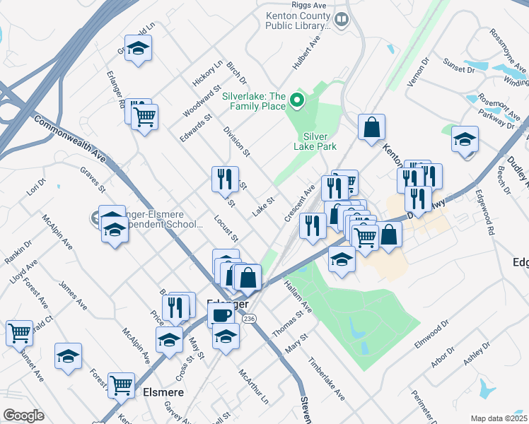 map of restaurants, bars, coffee shops, grocery stores, and more near 29 Clay St in Erlanger